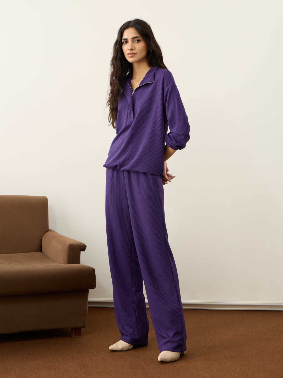 Deep Purple Waffle Half Zip Up Co-Ord Set