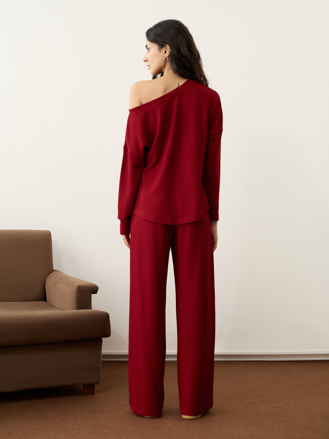 Deep Red Waffle One Shoulder Co-Ord Set