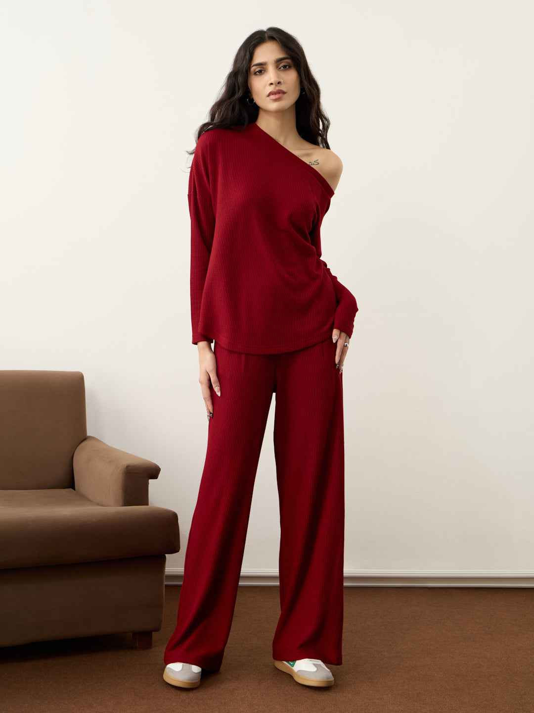 Deep Red Waffle One Shoulder Co-Ord Set