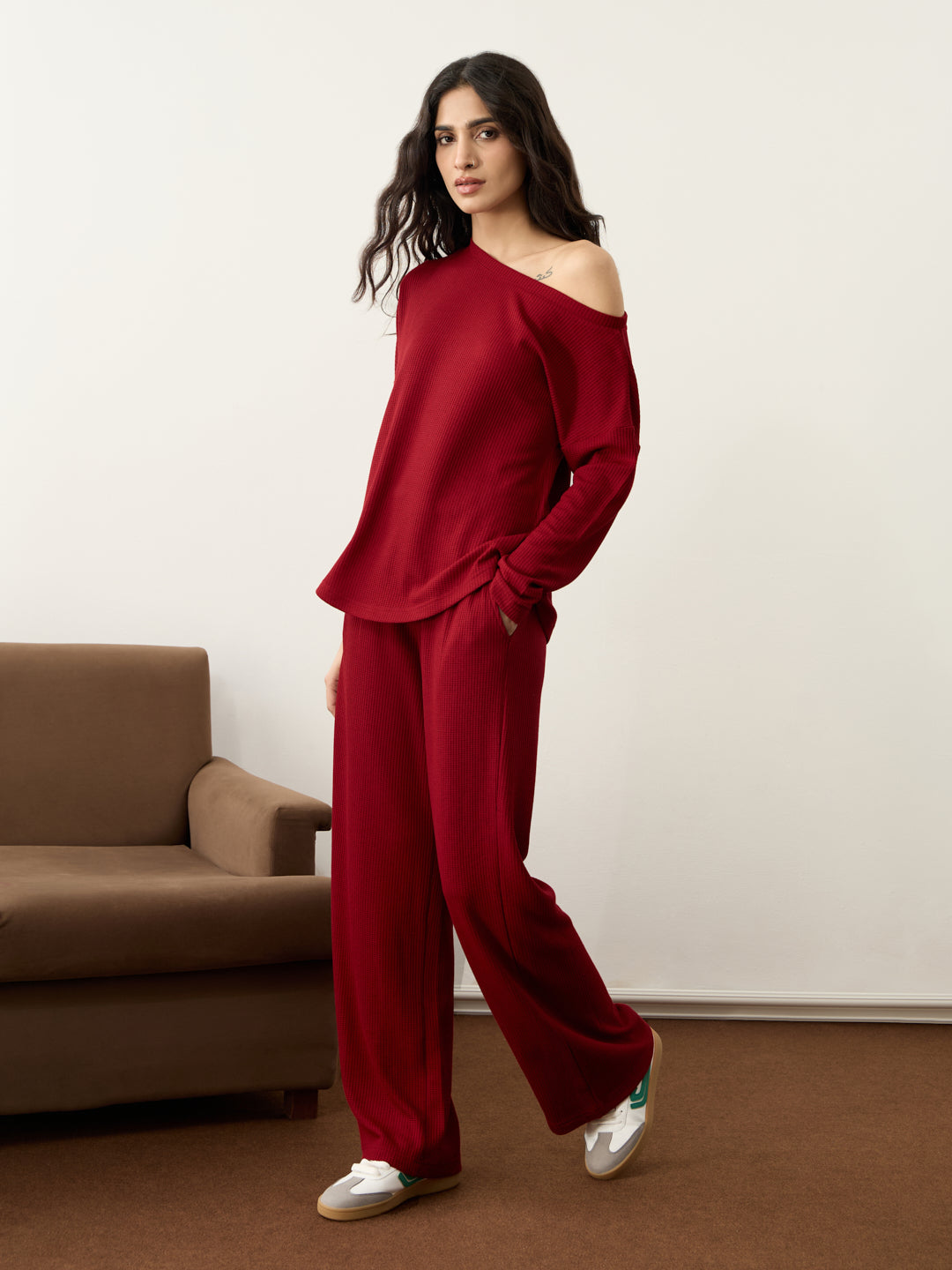 Deep Red Waffle One Shoulder Co-Ord Set