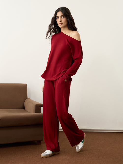 Deep Red Waffle One Shoulder Co-Ord Set