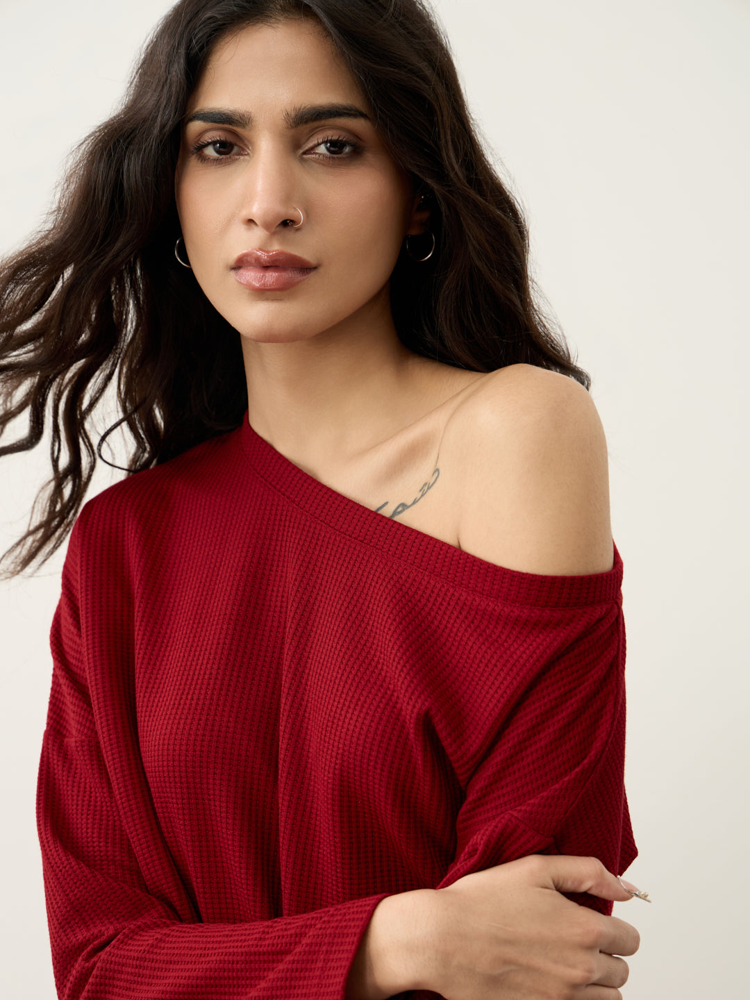 Deep Red Waffle One Shoulder Co-Ord Set