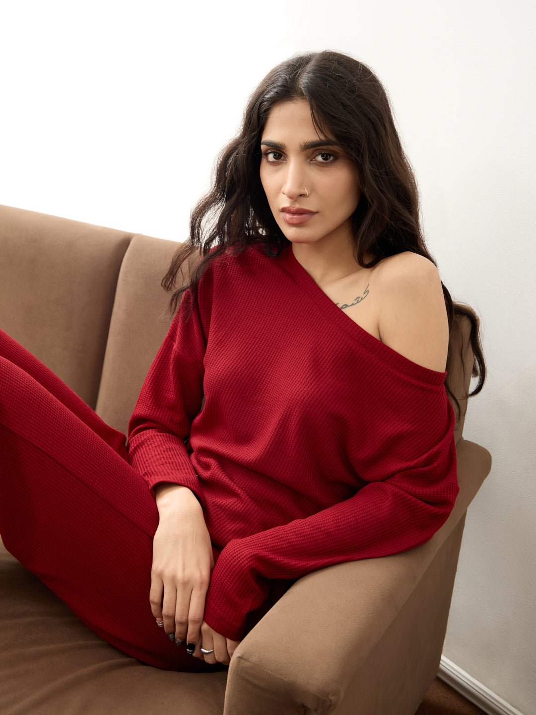 Deep Red Waffle One Shoulder Co-Ord Set