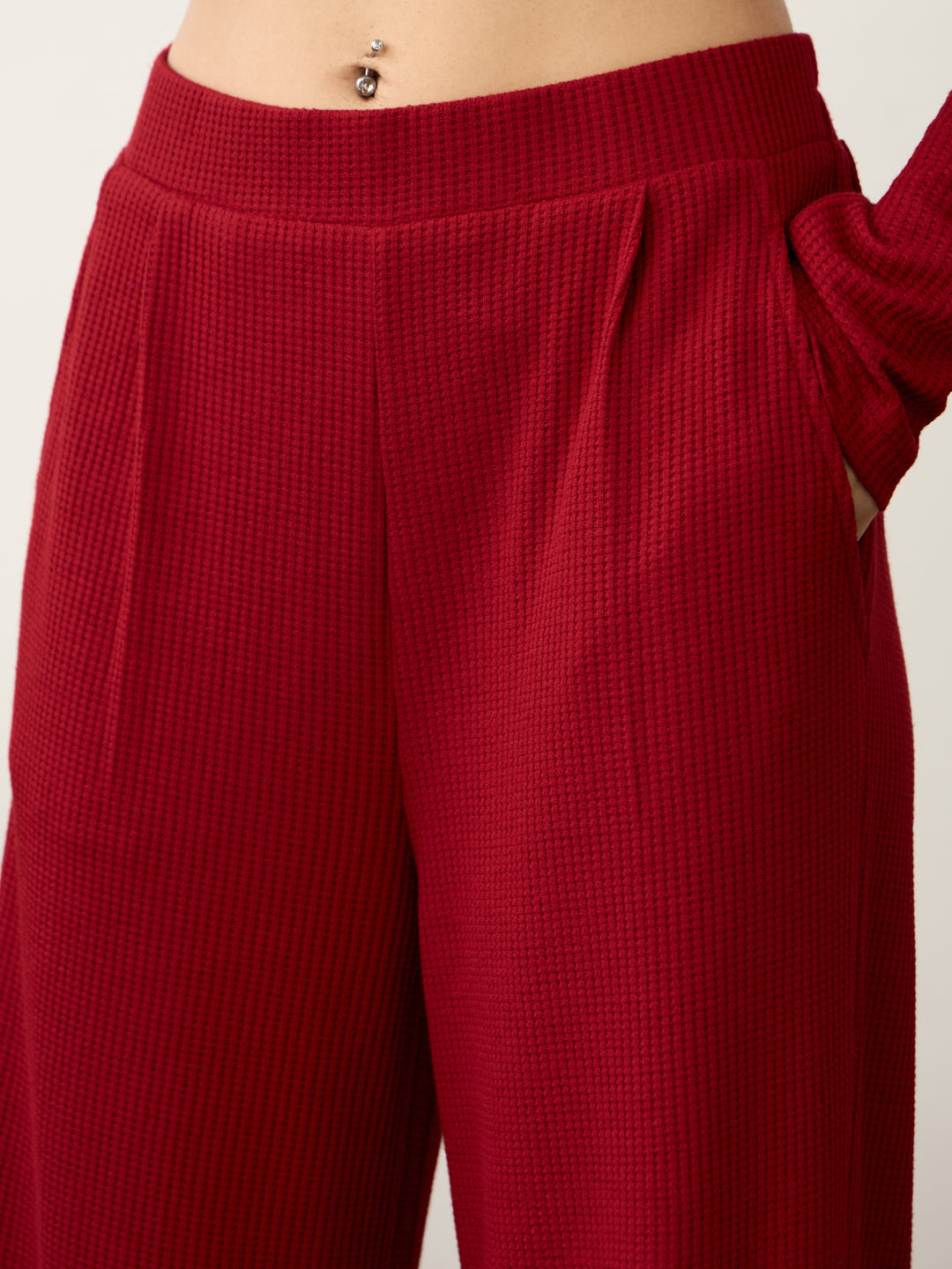 Deep Red Waffle One Shoulder Co-Ord Set
