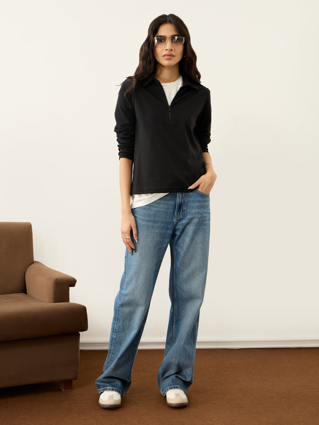 Black Half Zip-Up T-Shirt