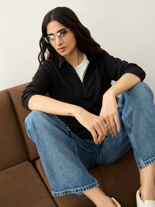 Black Half Zip-Up T-Shirt