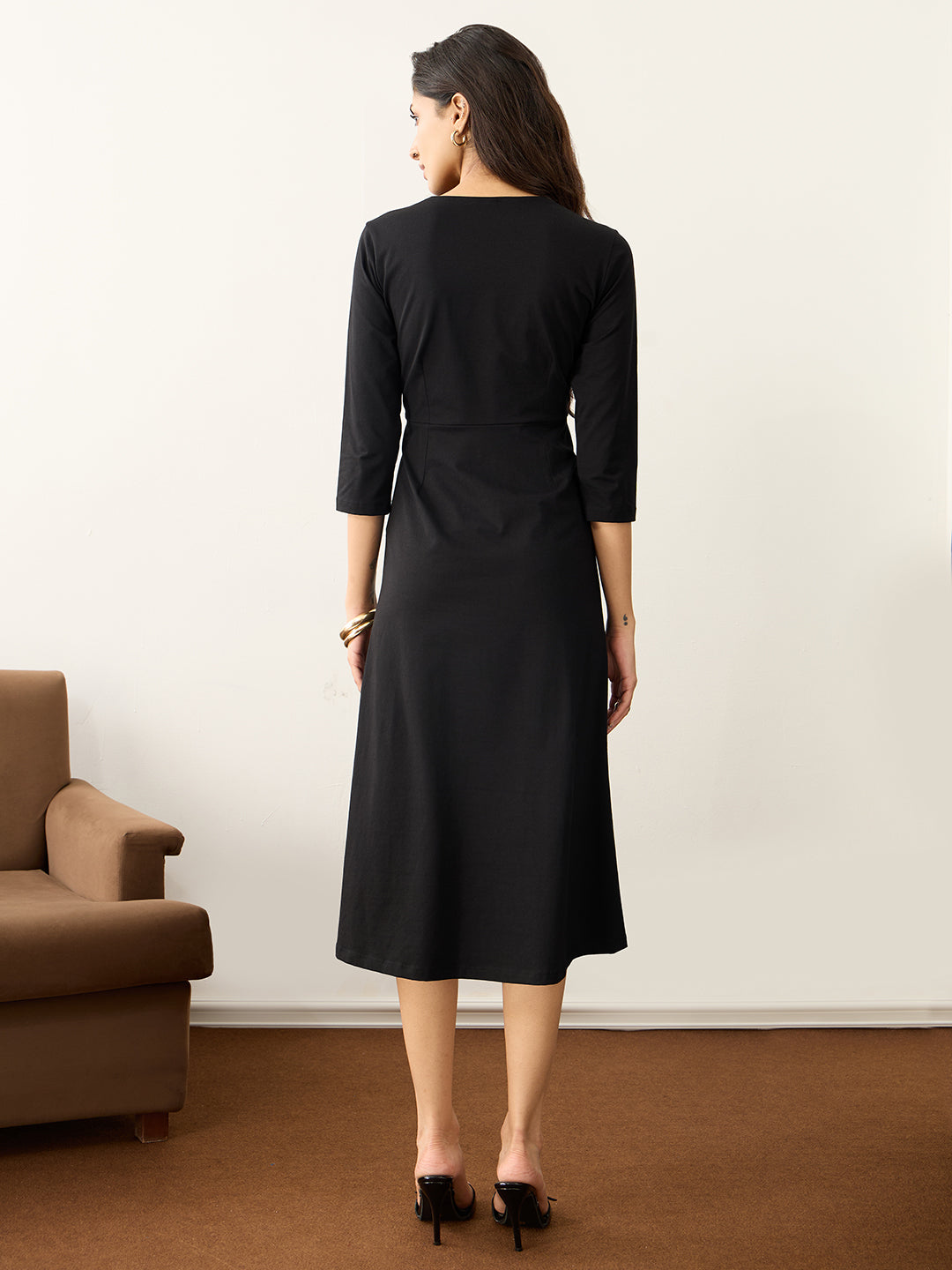 TrueStretch Black Button Detail Midi Dress