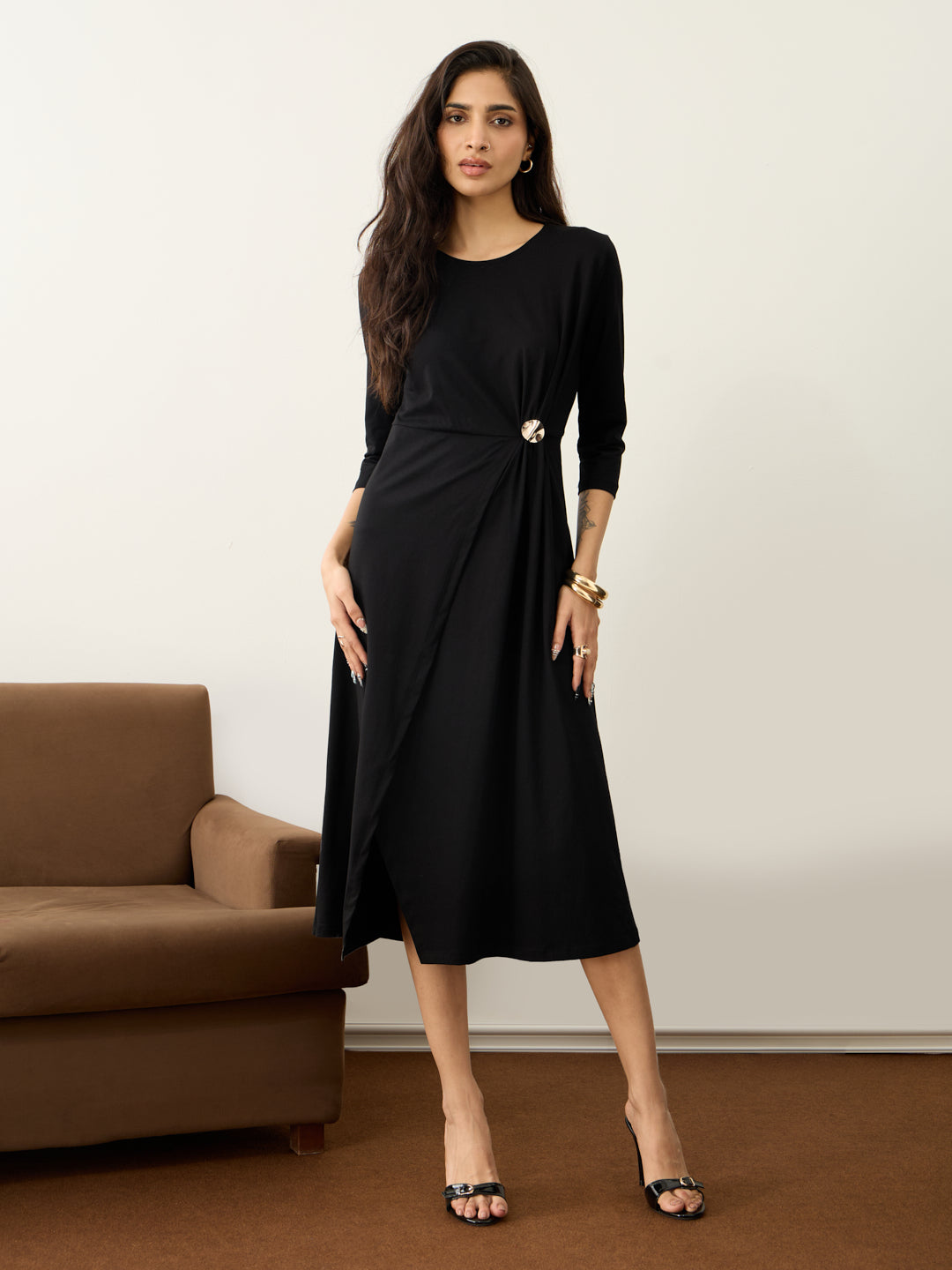 TrueStretch Black Button Detail Midi Dress