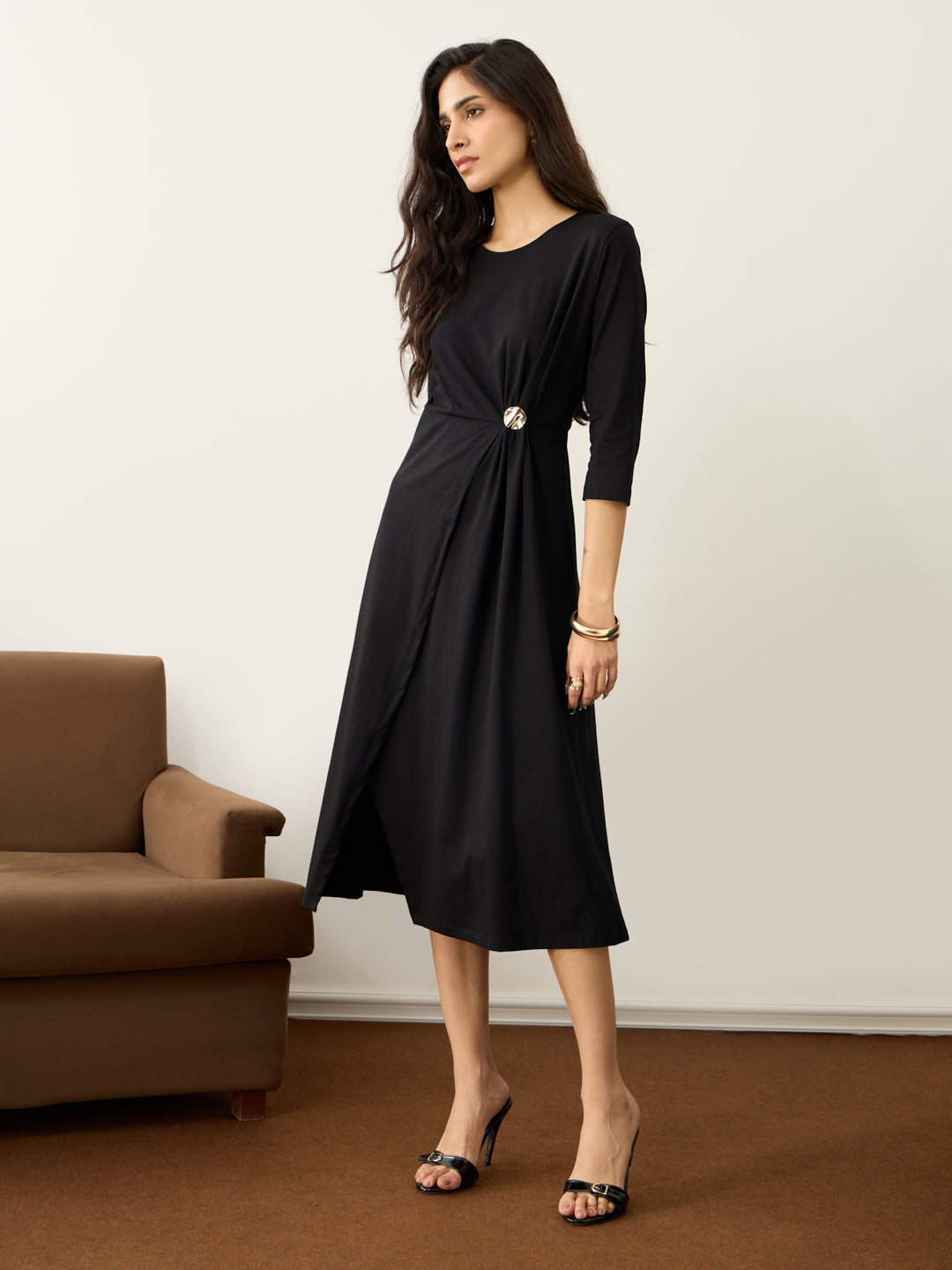 TrueStretch Black Button Detail Midi Dress