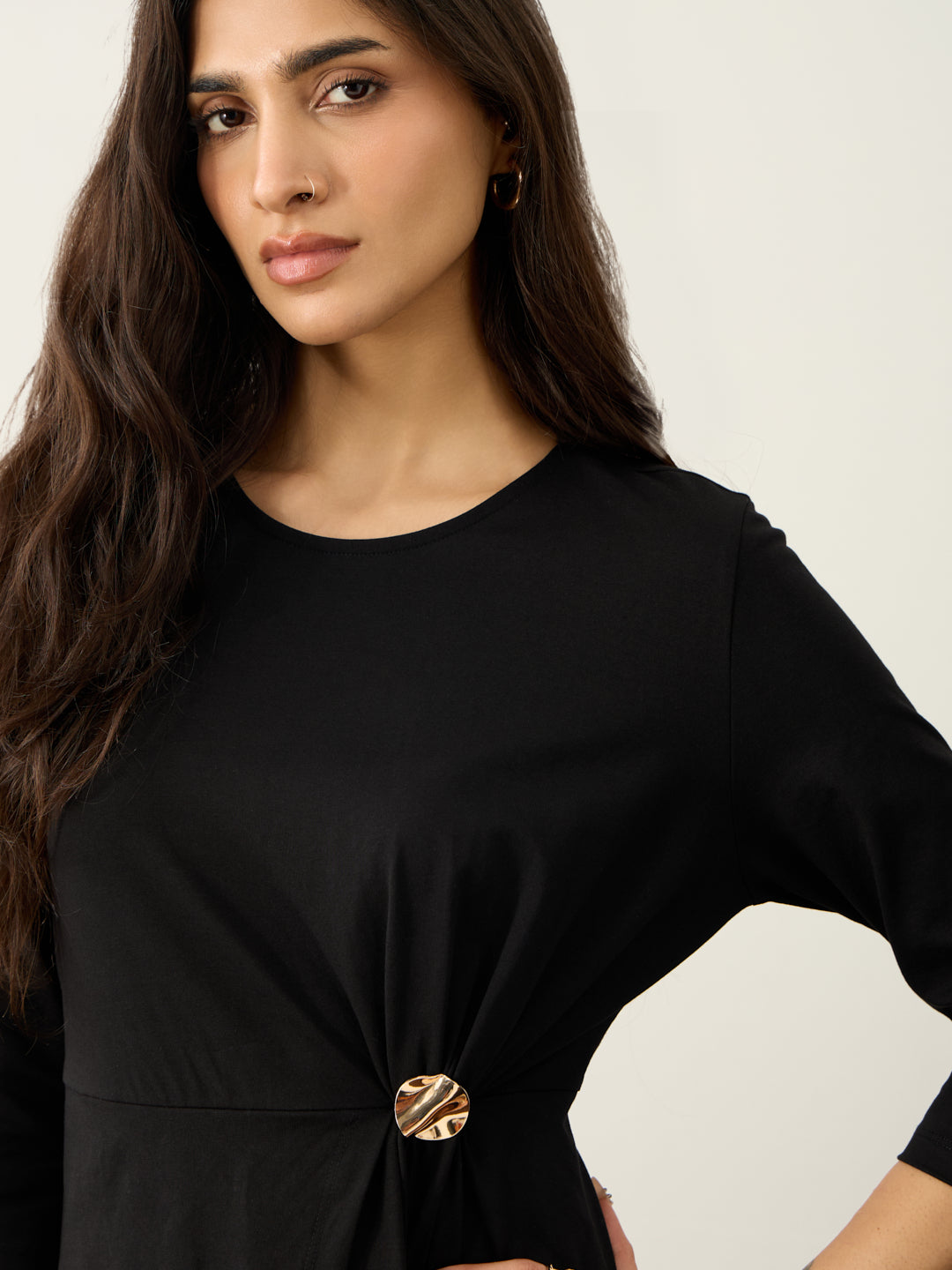 TrueStretch Black Button Detail Midi Dress