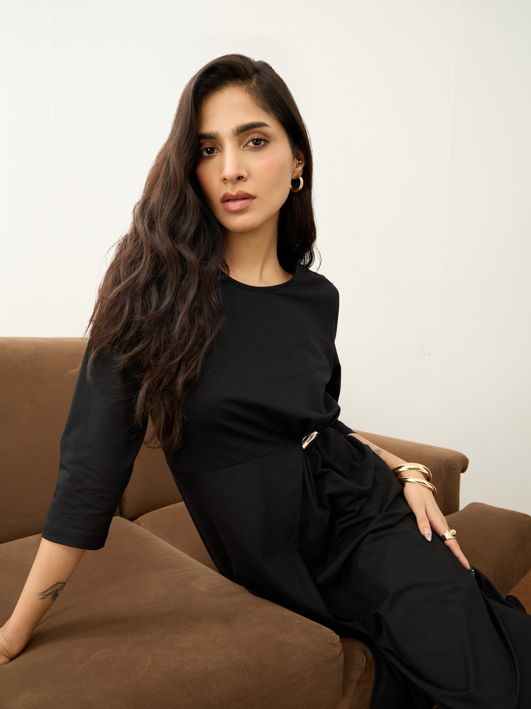 TrueStretch Black Button Detail Midi Dress