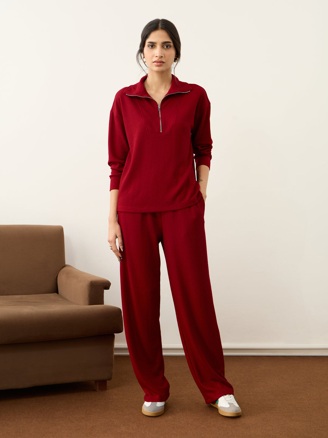 Deep Red Waffle Zip Yoke Detail Co-Ord Set