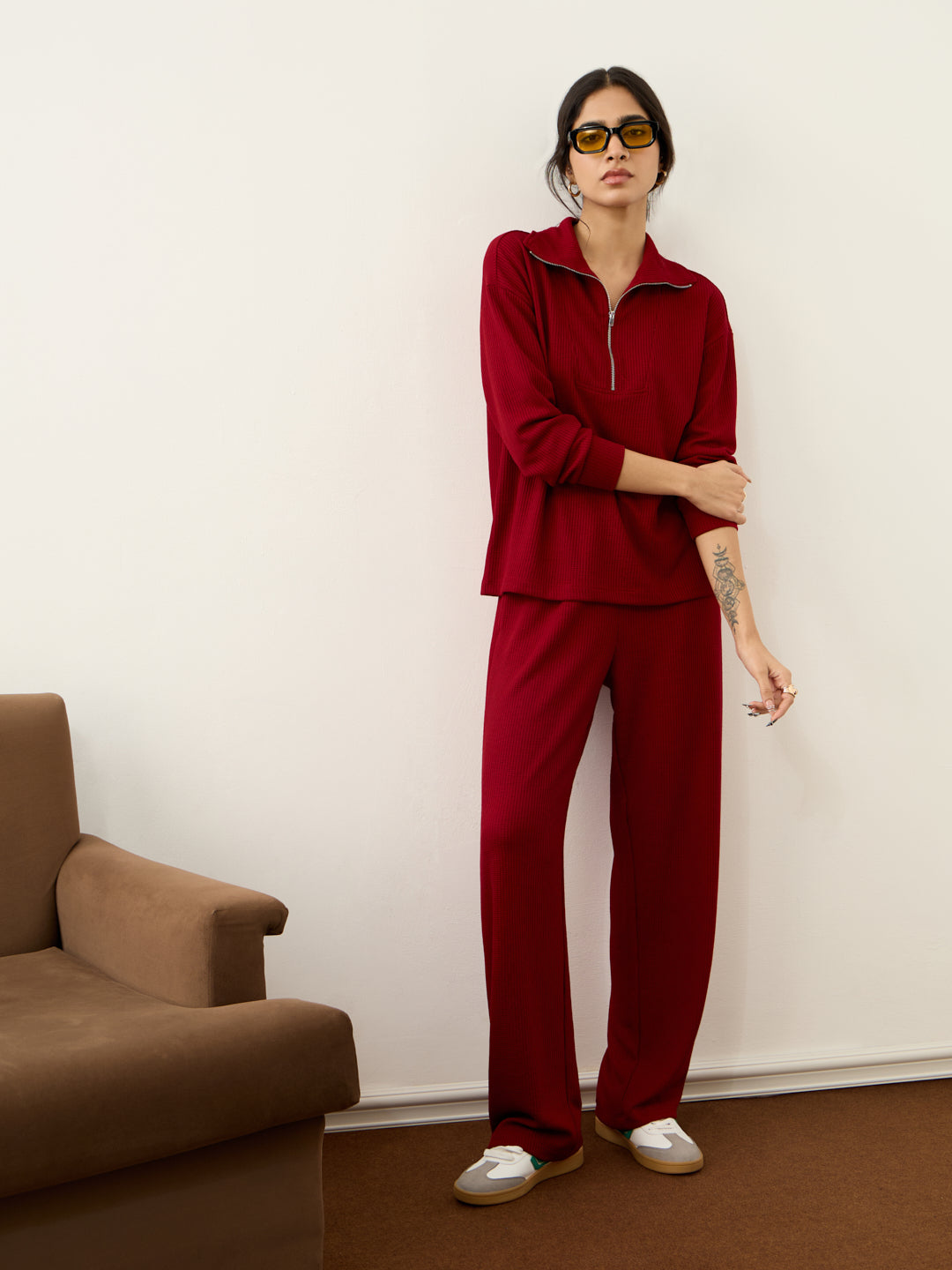 Deep Red Waffle Zip Yoke Detail Co-Ord Set