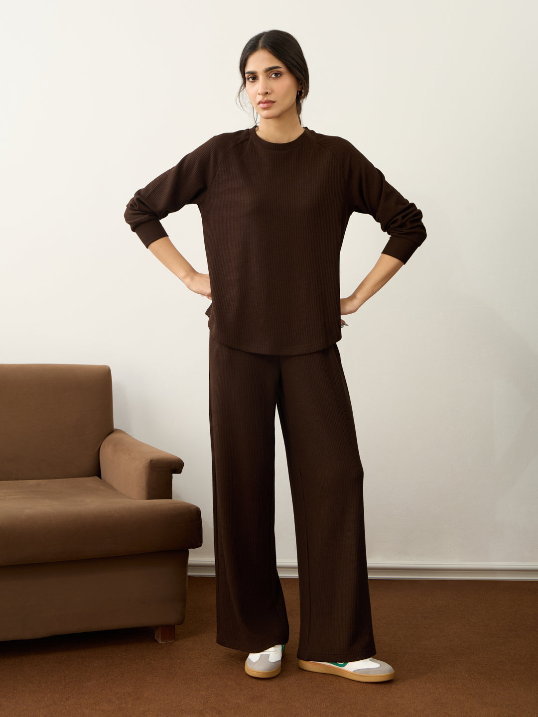 Brown Waffle Crew Neck Co-Ord Set
