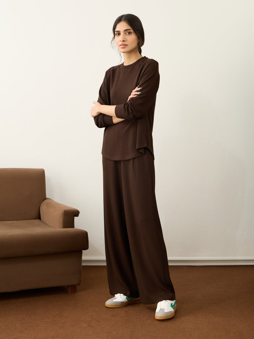 Brown Waffle Crew Neck Co-Ord Set