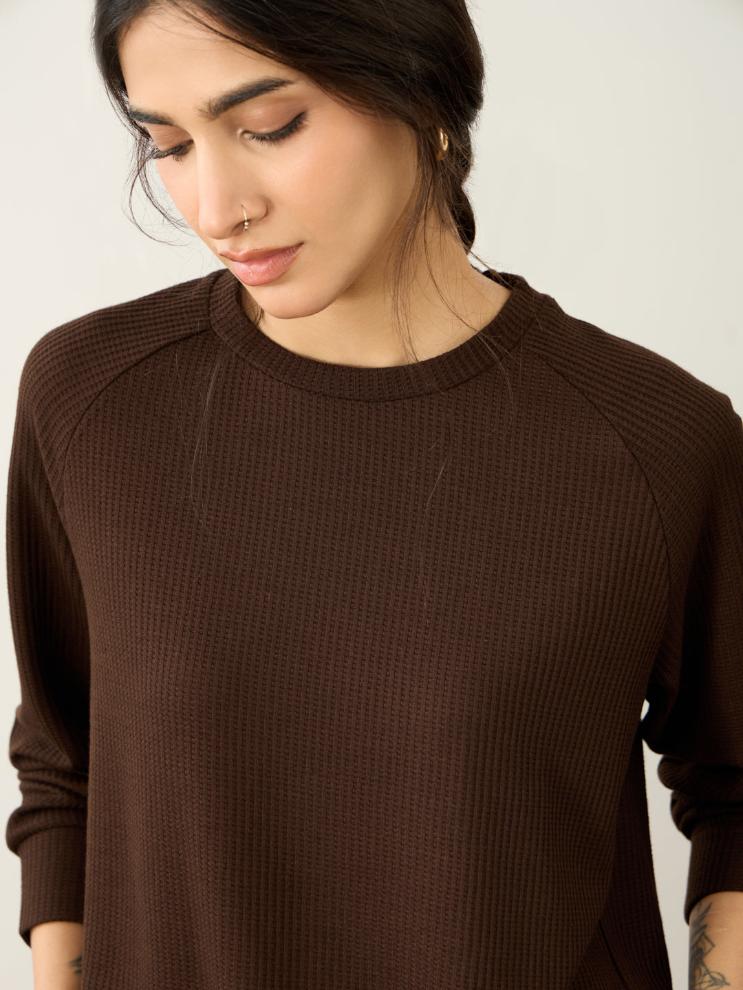 Brown Waffle Crew Neck Co-Ord Set
