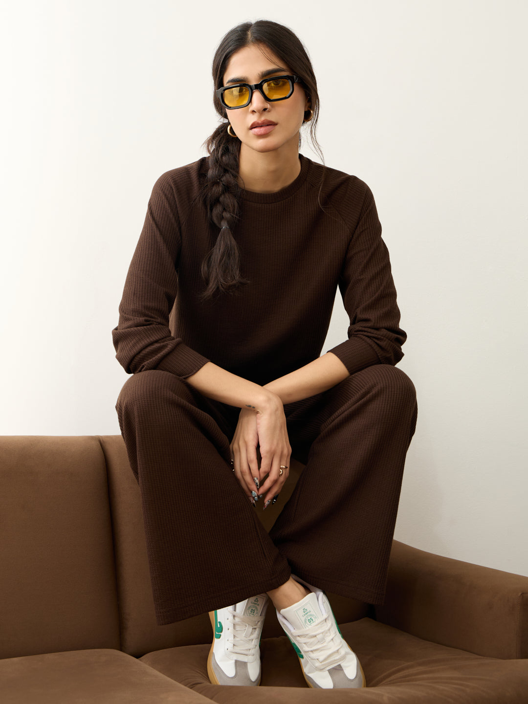 Brown Waffle Crew Neck Co-Ord Set