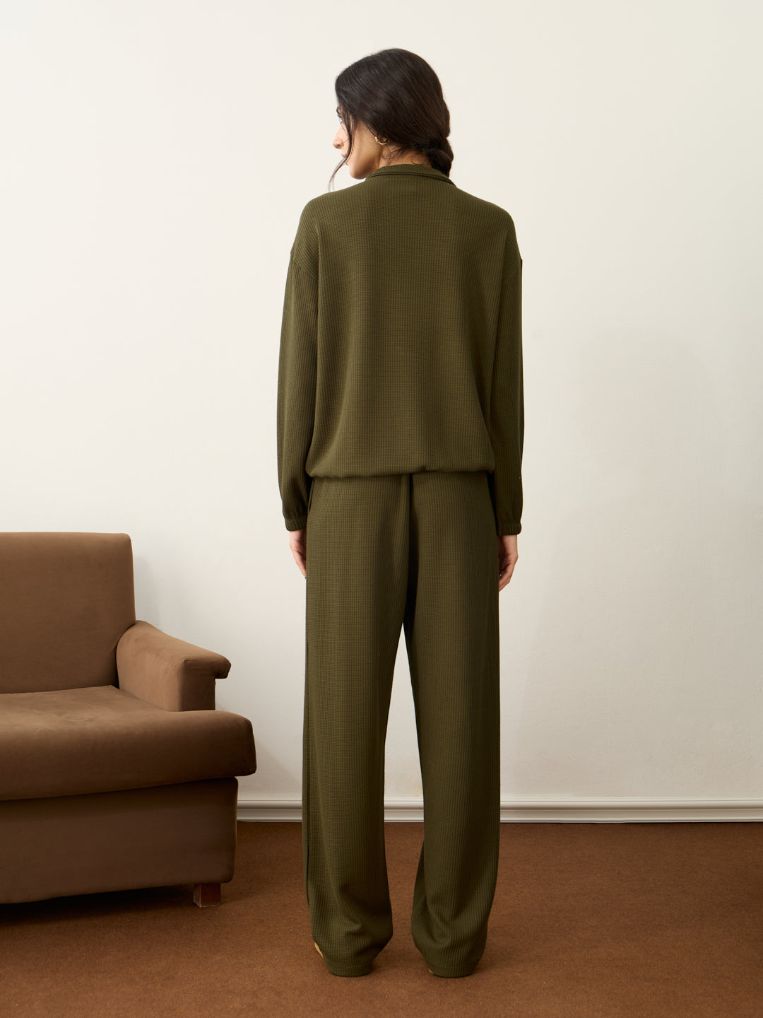 Olive Waffle Half Zip Up Co-Ord Set