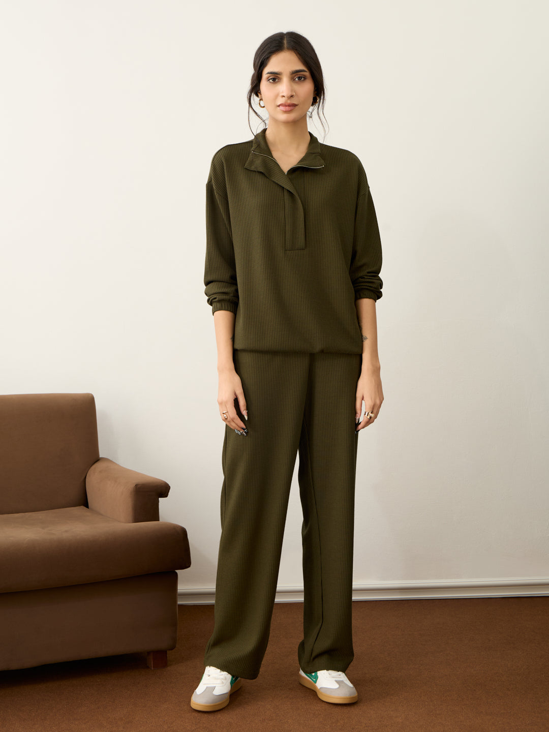 Olive Waffle Half Zip Up Co-Ord Set