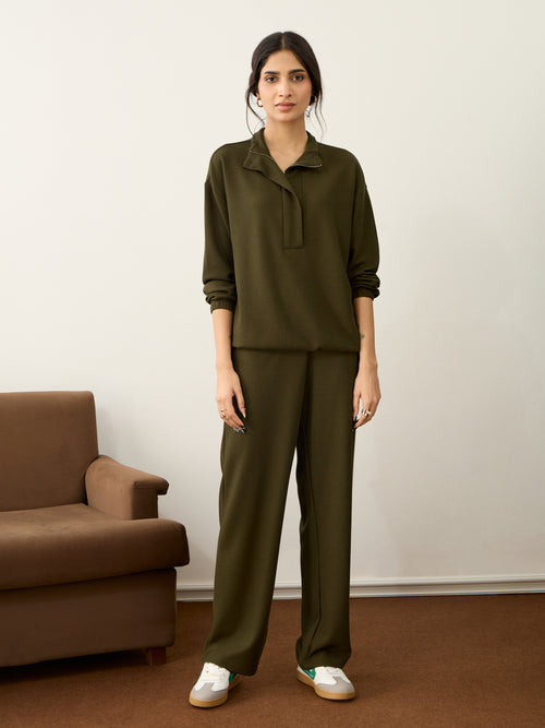 Olive Waffle Half Zip Up Co-Ord Set