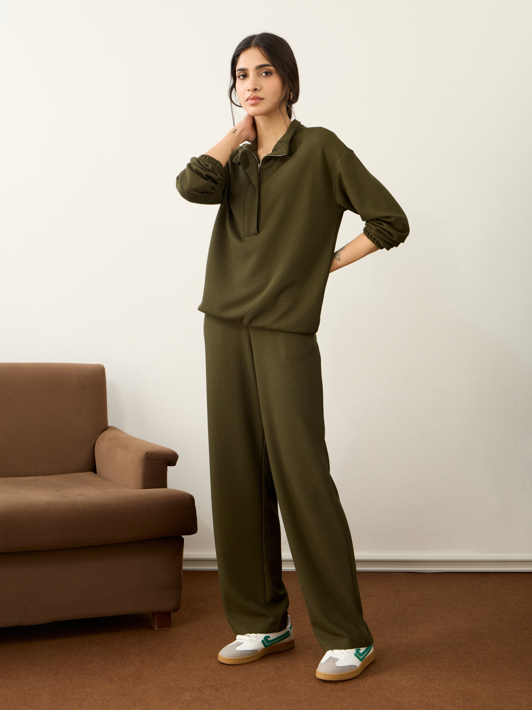Olive Waffle Half Zip Up Co-Ord Set