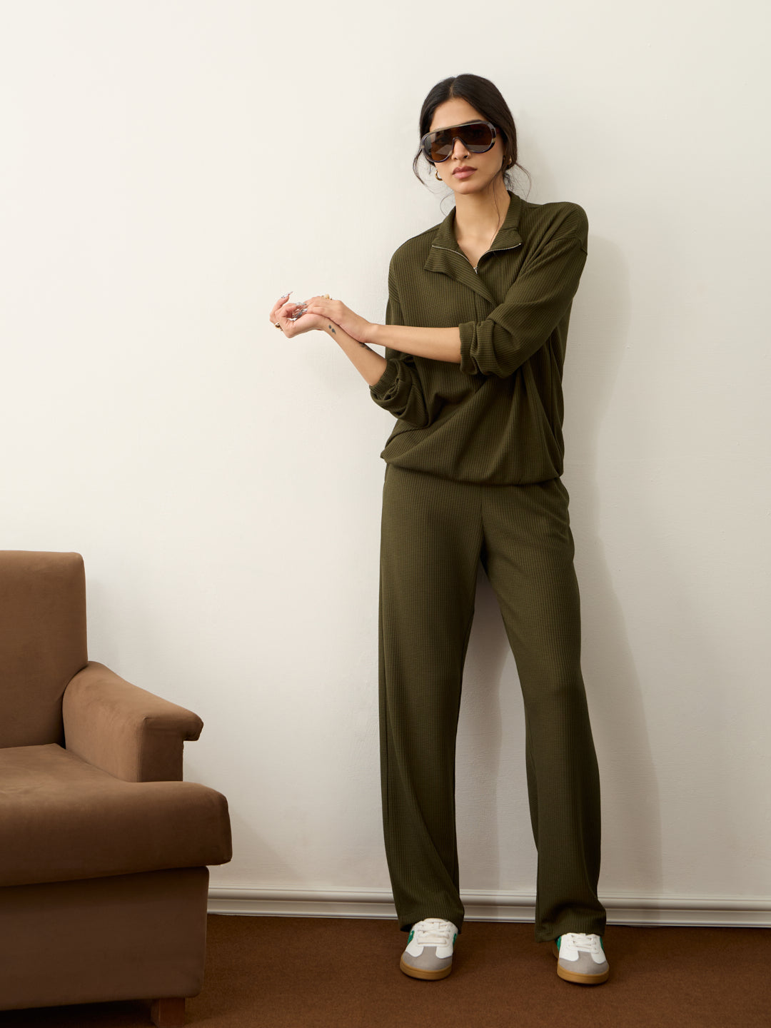 Olive Waffle Half Zip Up Co-Ord Set