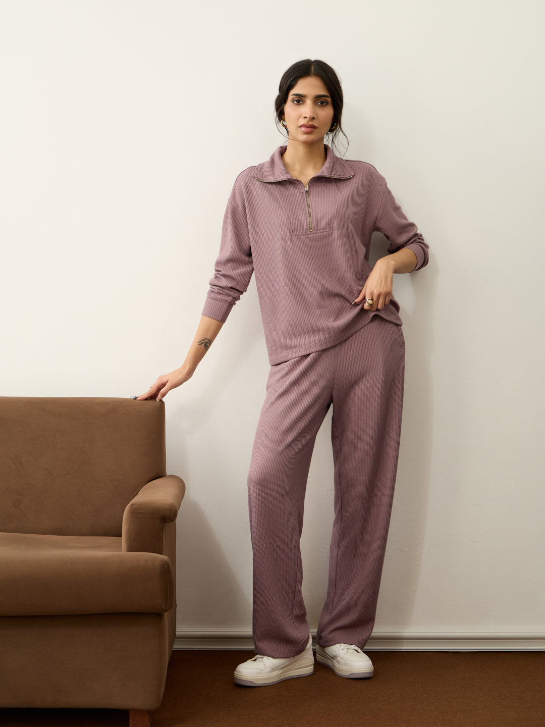 Mauve Waffle Zip Yoke Detail Co-Ord Set