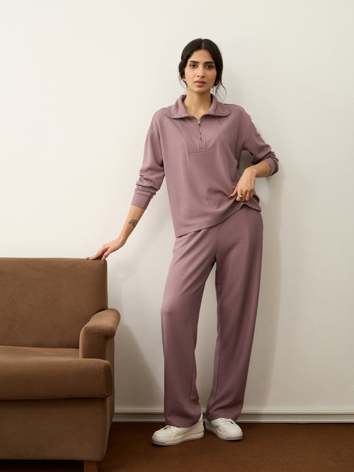 Dusty Rose Waffle Zip Yoke Detail Co-ord Set