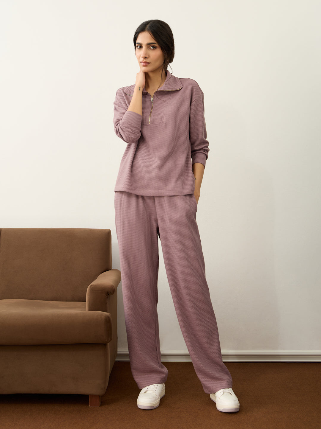 Mauve Waffle Zip Yoke Detail Co-Ord Set