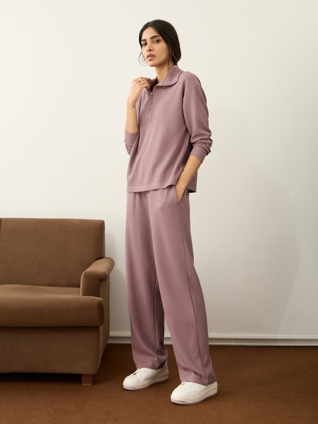 Mauve Waffle Zip Yoke Detail Co-Ord Set