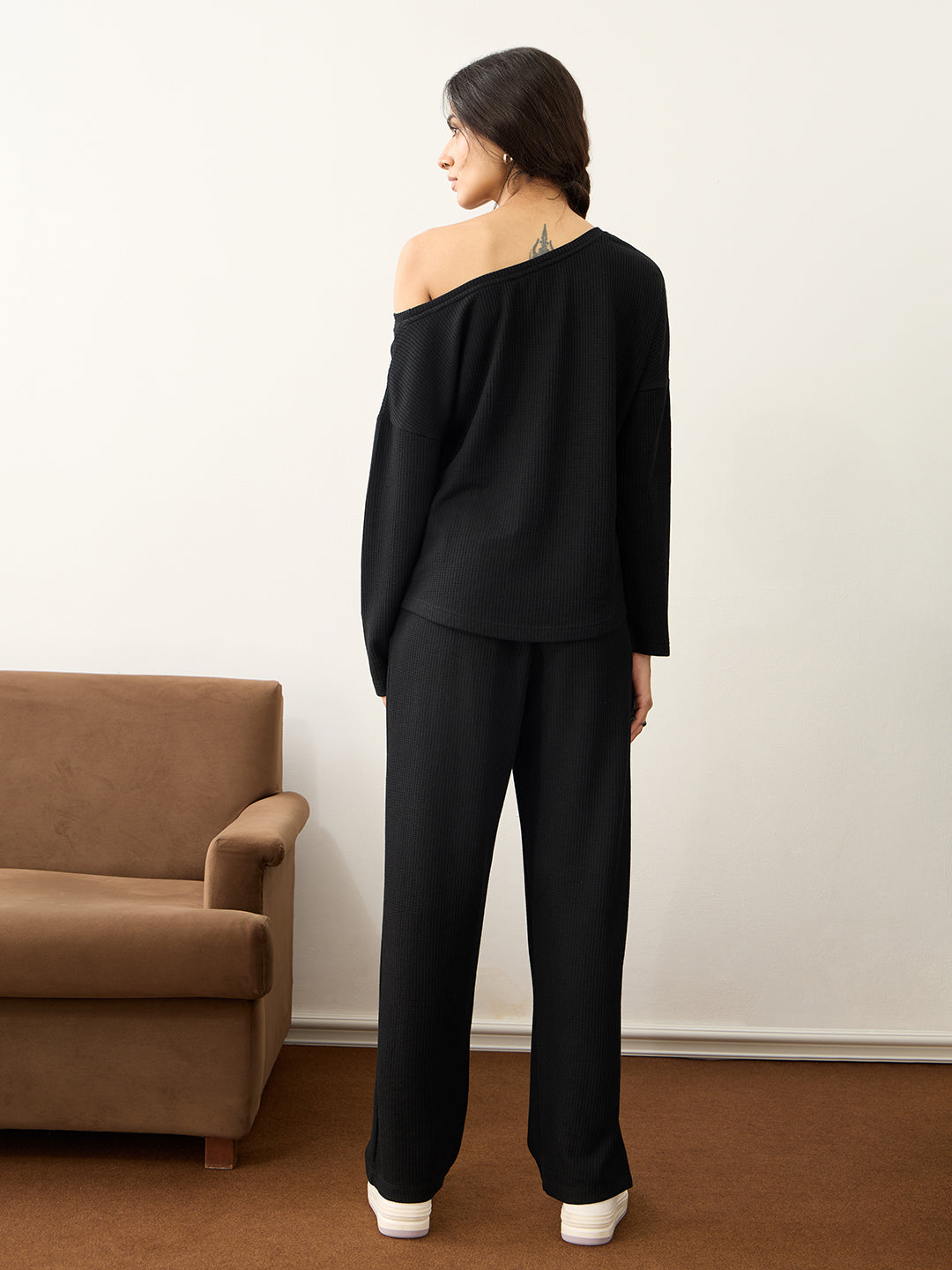 Black Waffle One Shoulder Co-Ord Set