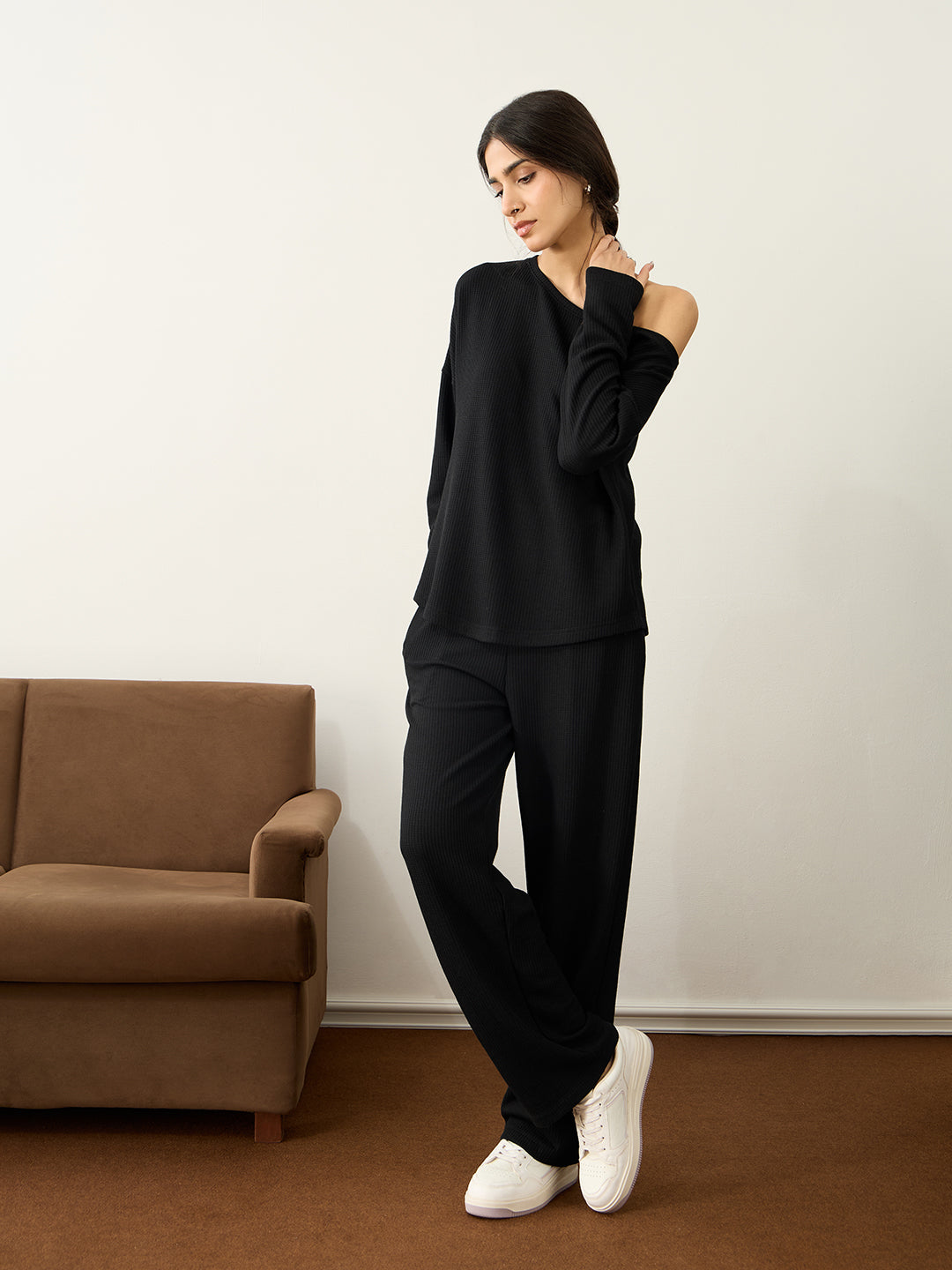 Black Waffle One Shoulder Co-Ord Set
