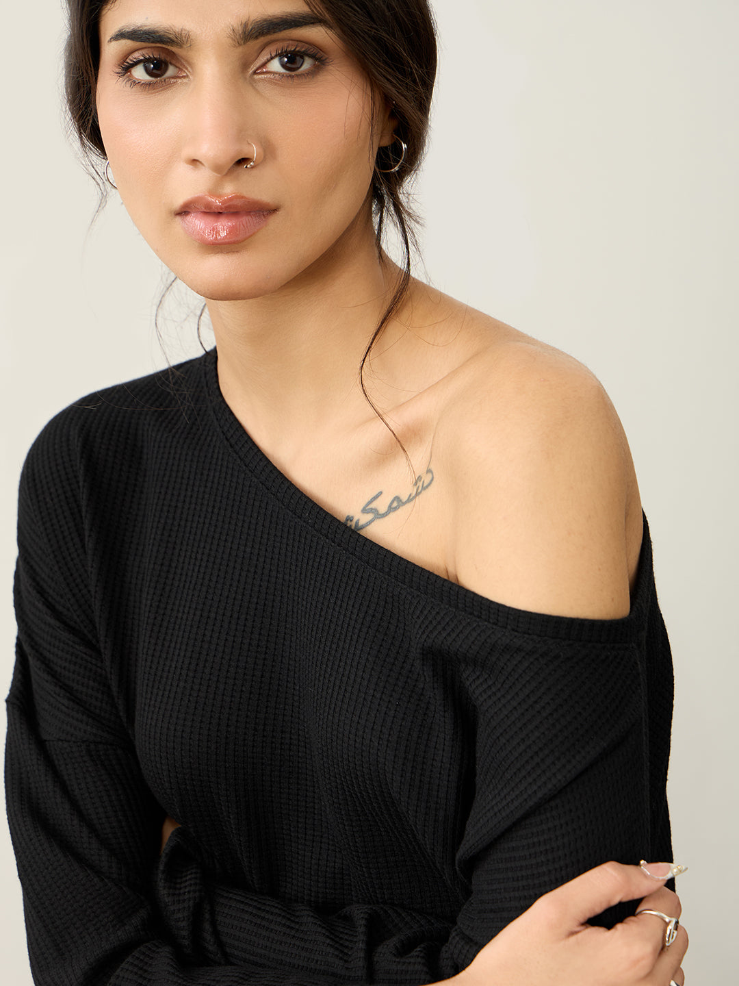 Black Waffle One Shoulder Co-Ord Set