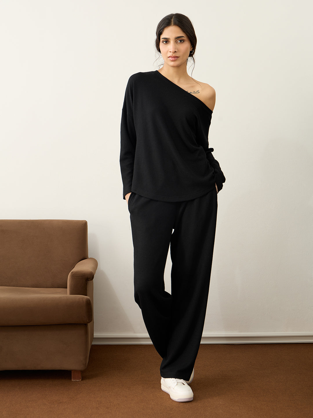Black Waffle One Shoulder Co-Ord Set