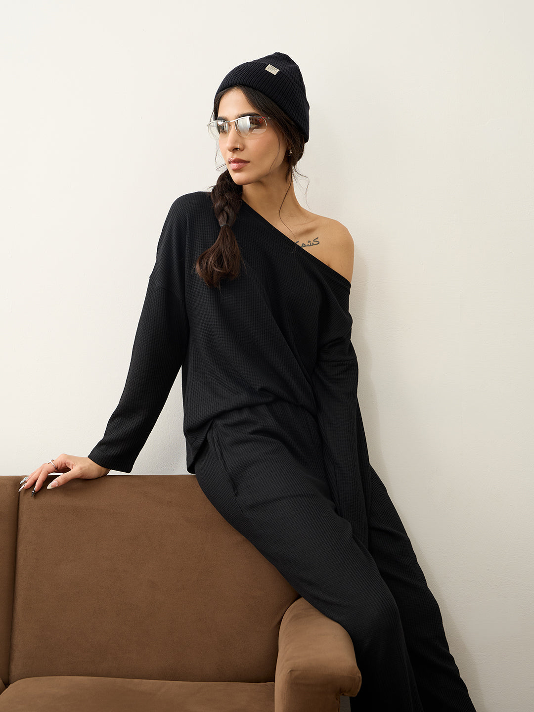 Black Waffle One Shoulder Co-Ord Set