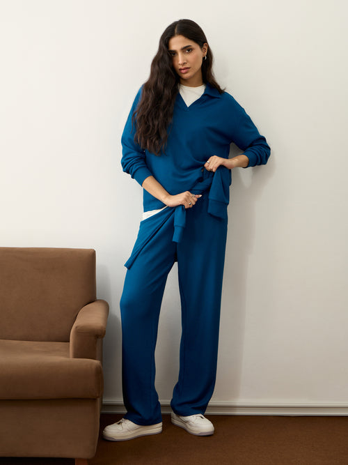 French Blue Waffle Collared Co-Ord Set