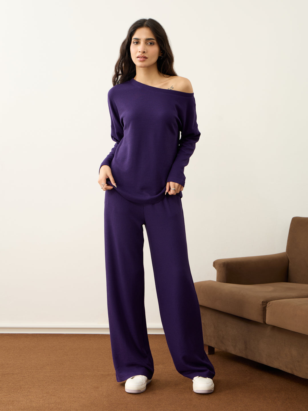 Deep Purple Waffle One Shoulder Co-Ord Set