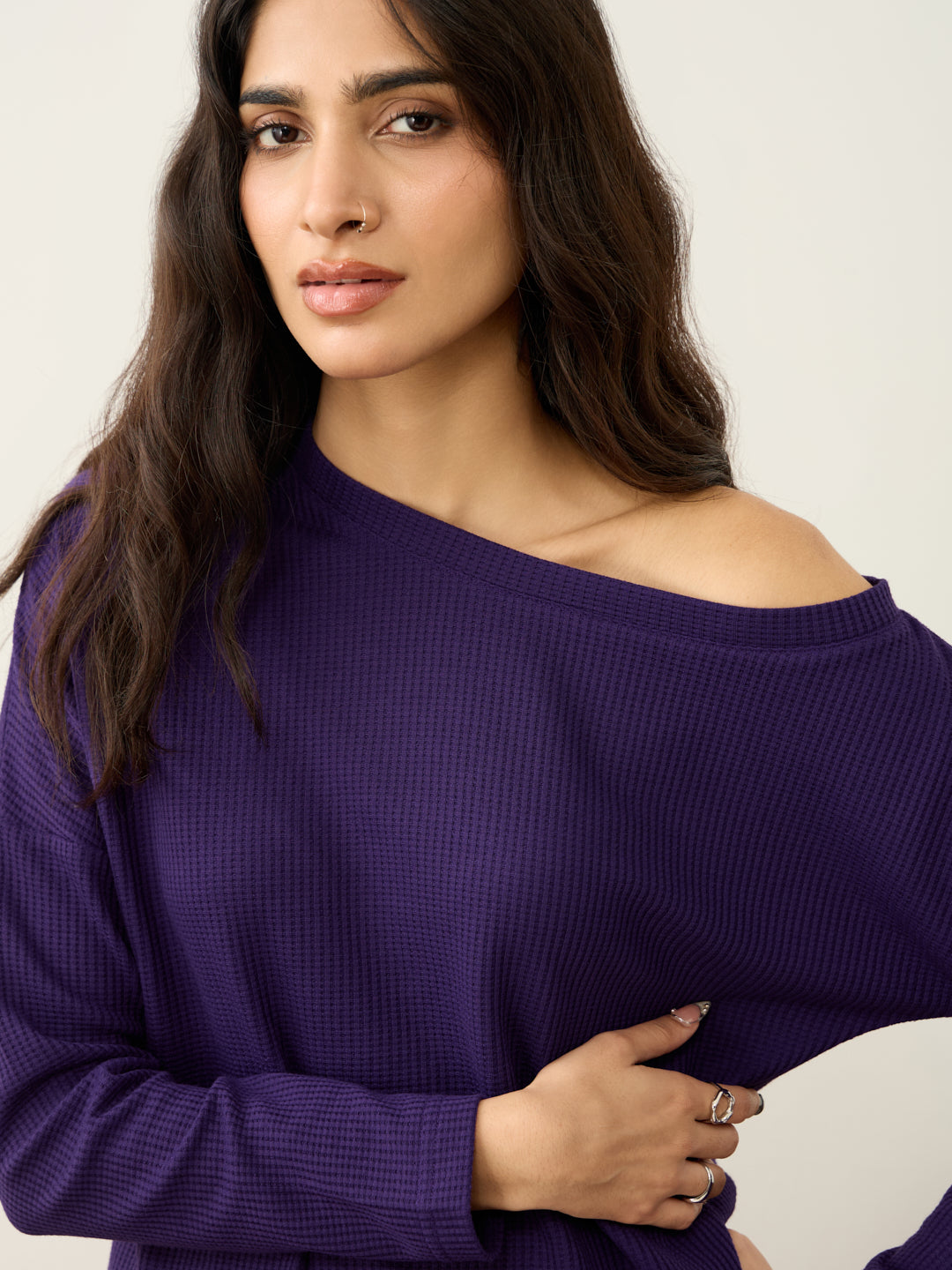 Deep Purple Waffle One Shoulder Co-Ord Set