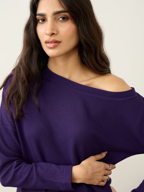 Deep Purple Waffle One Shoulder Co-Ord Set