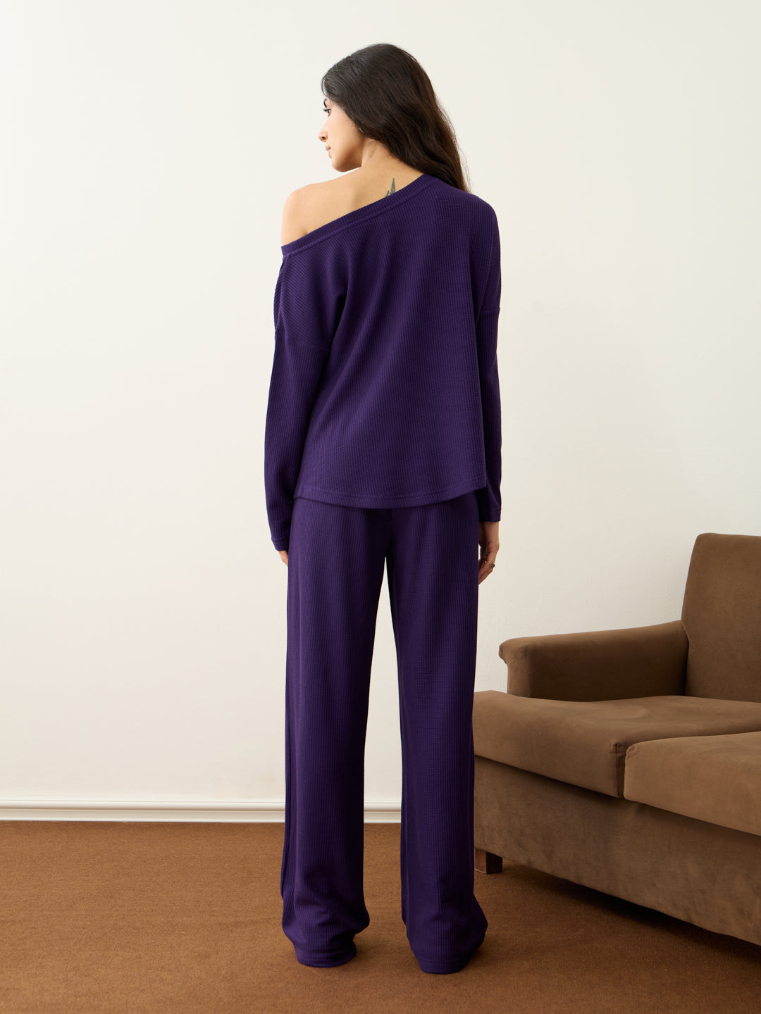 Deep Purple Waffle One Shoulder Co-Ord Set