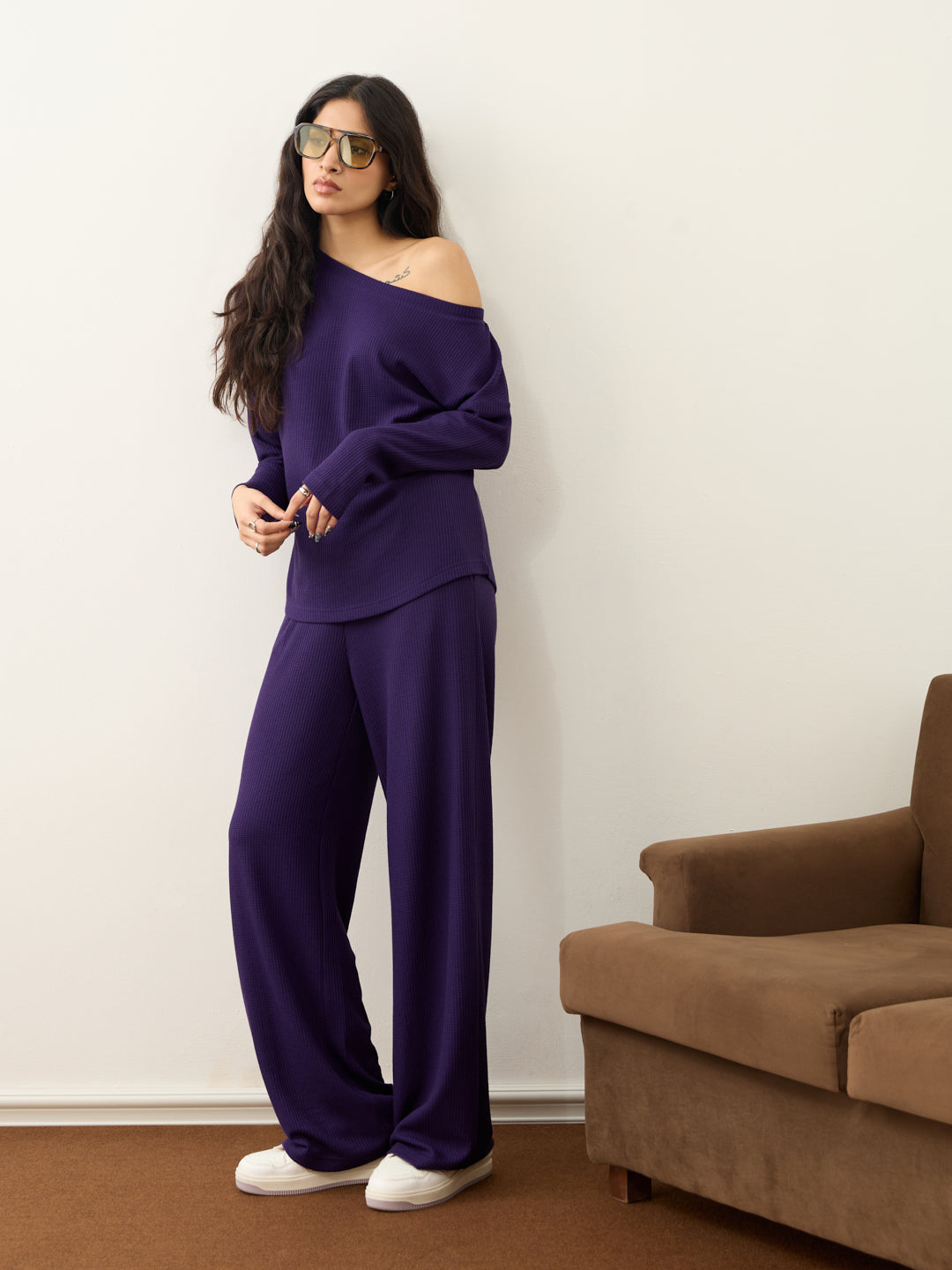 Deep Purple Waffle One Shoulder Co-Ord Set