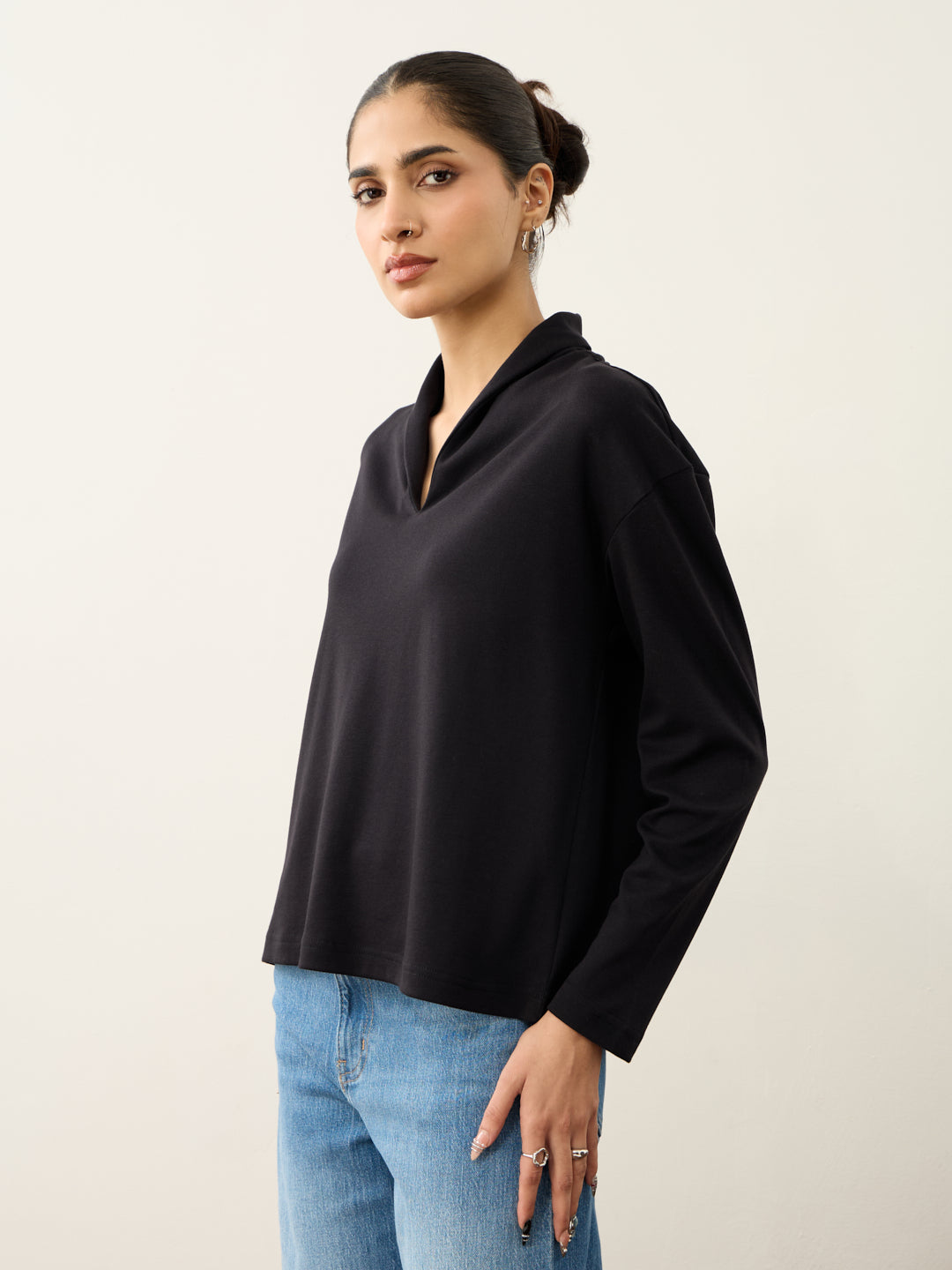 Black Roll Up V-Neck T-Shirt