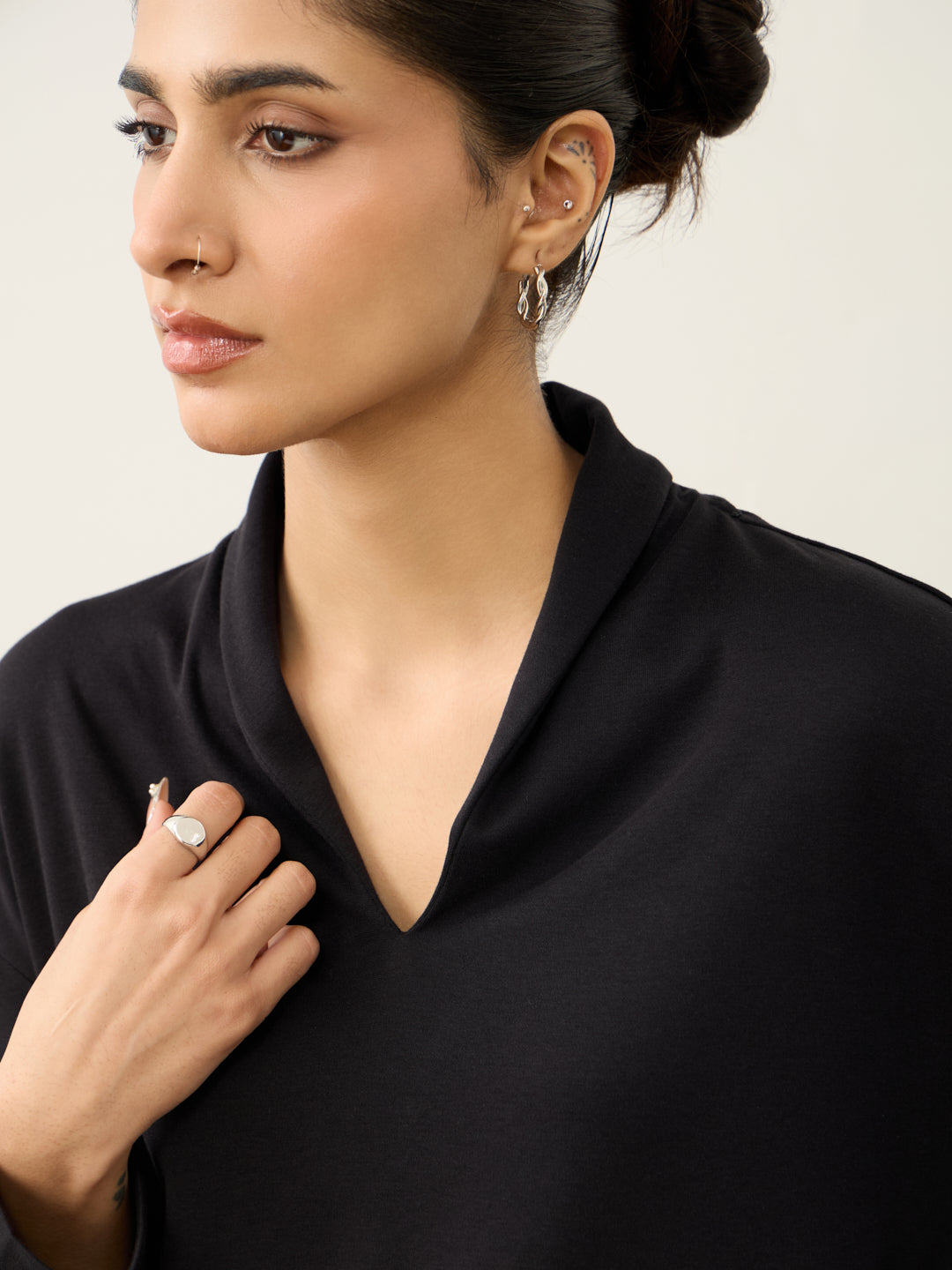 Black Roll Up V-Neck T-Shirt