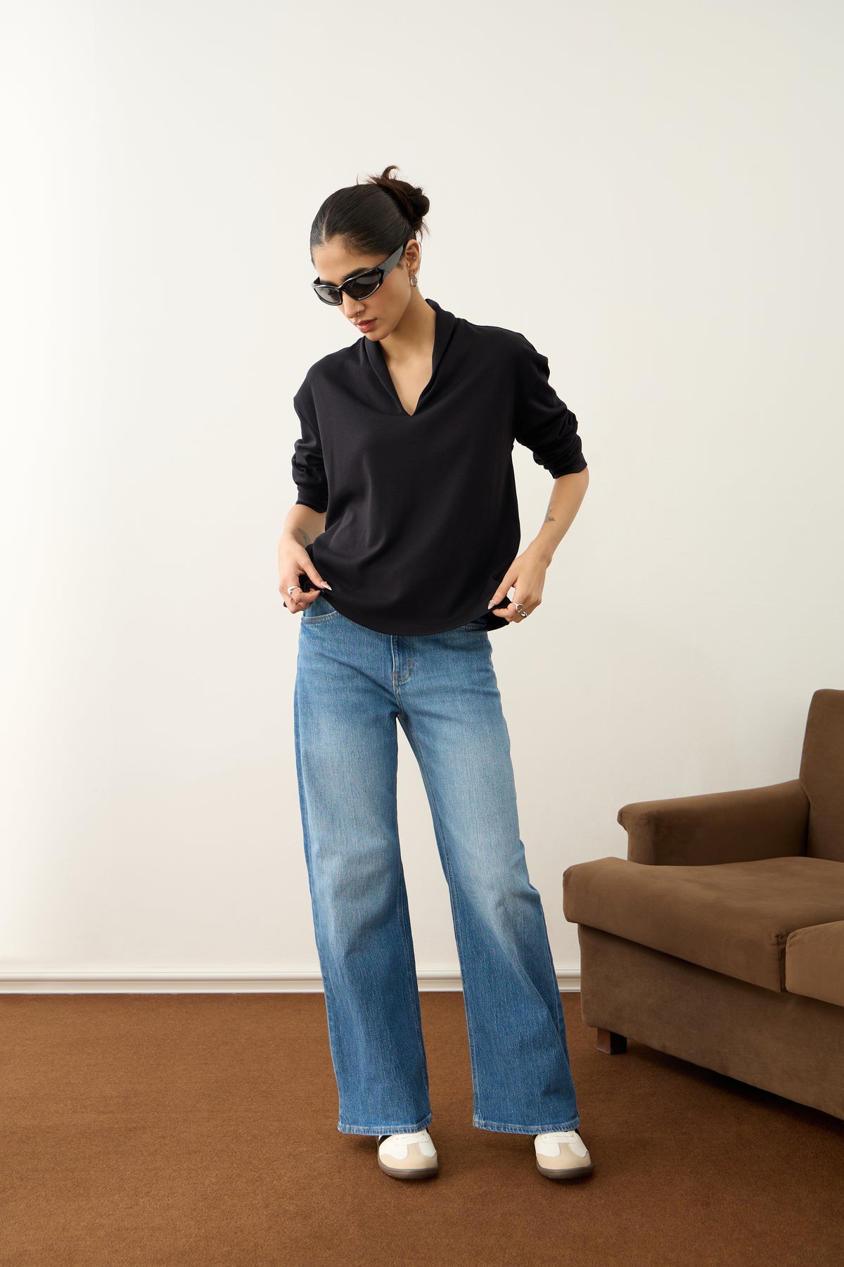 Black Roll Up V-Neck T-Shirt