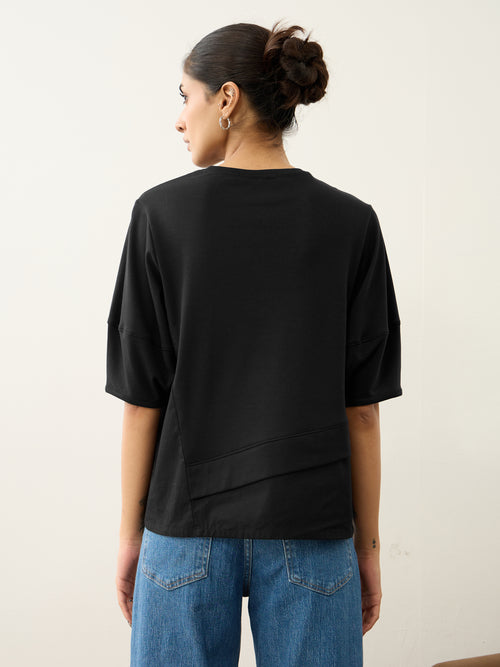 Black Poplin-Panelled T-Shirt