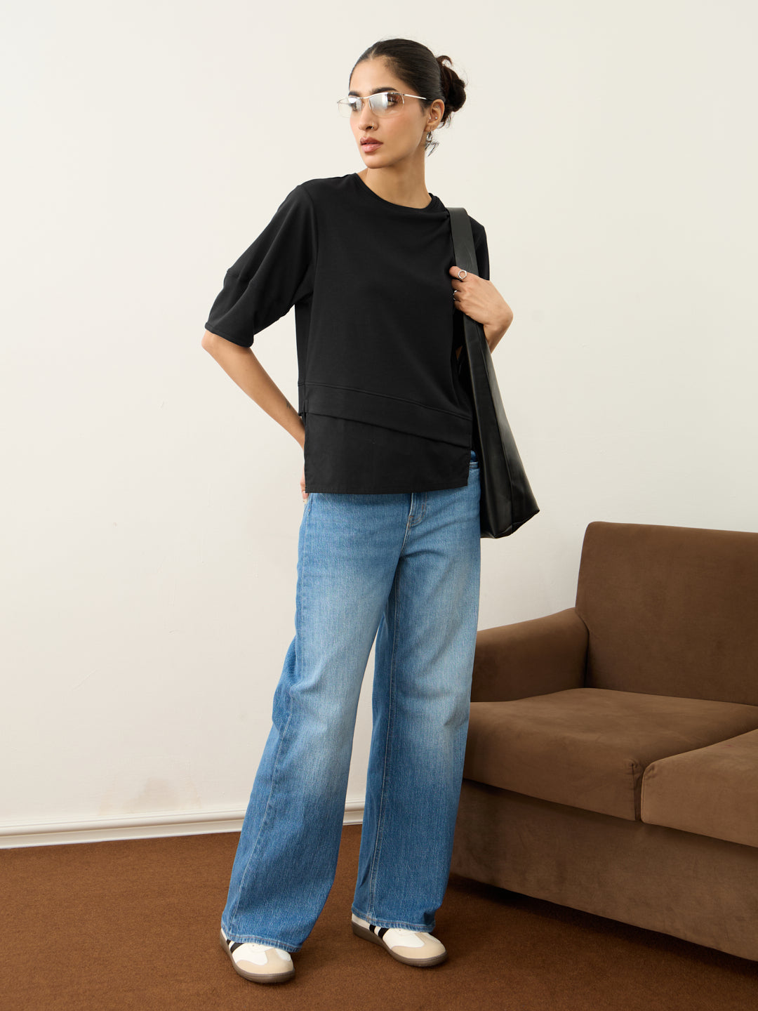 Black Poplin-Panelled T-Shirt