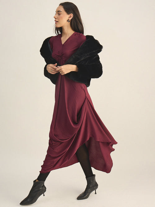 Wine Satin Front Twisted Maxi Dress
