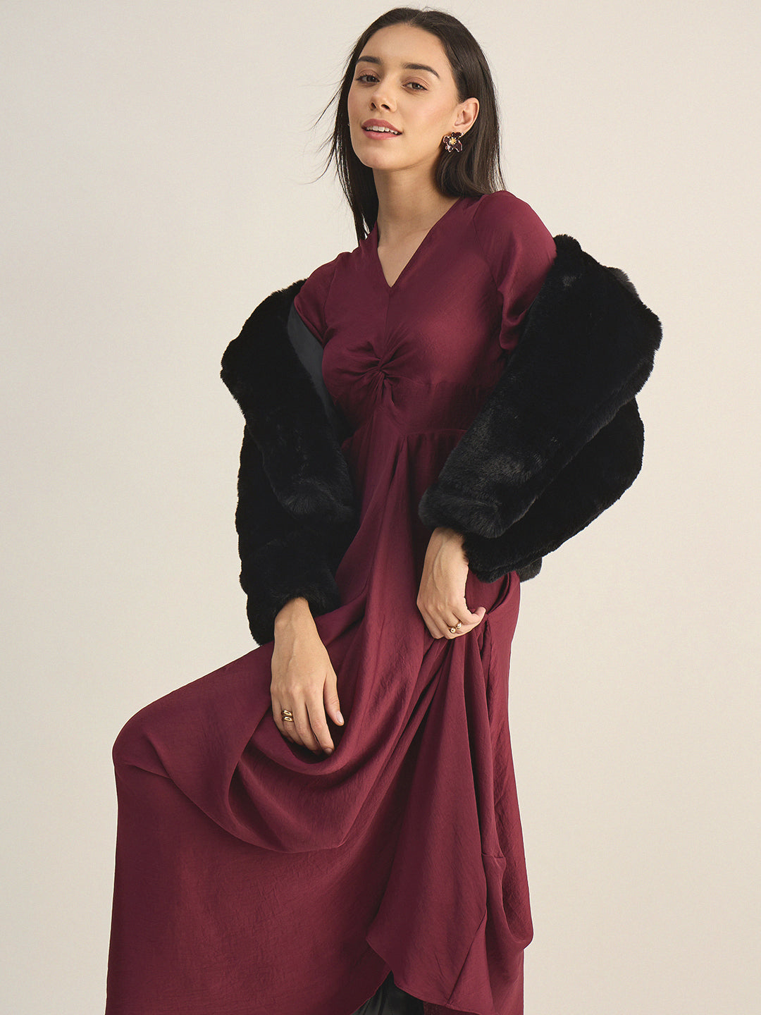 Wine Satin Front Twisted Maxi Dress