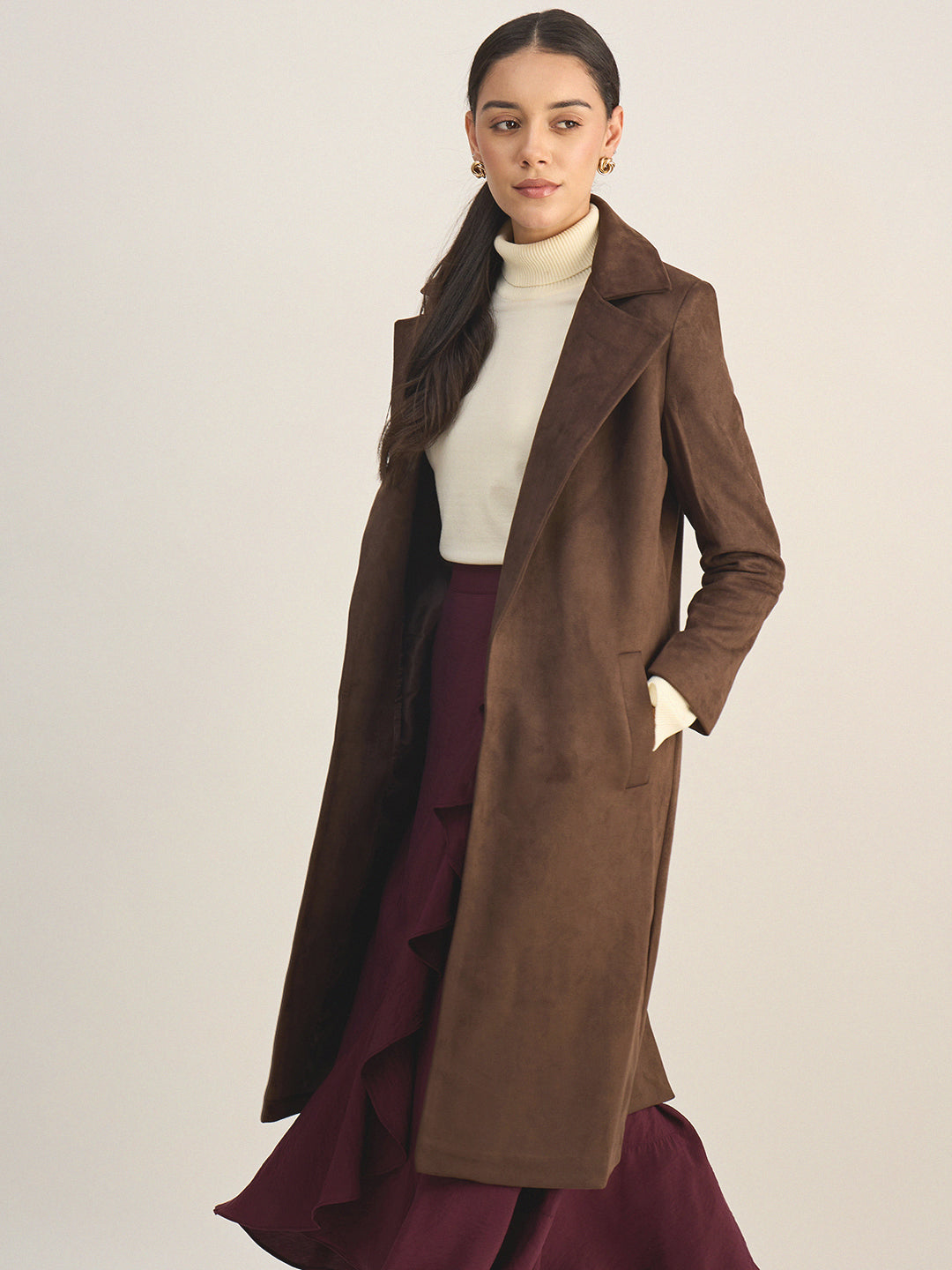 Coffee Brown Suede Long Coat