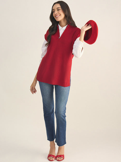 Deep Red Half Zipper Sweater Vest